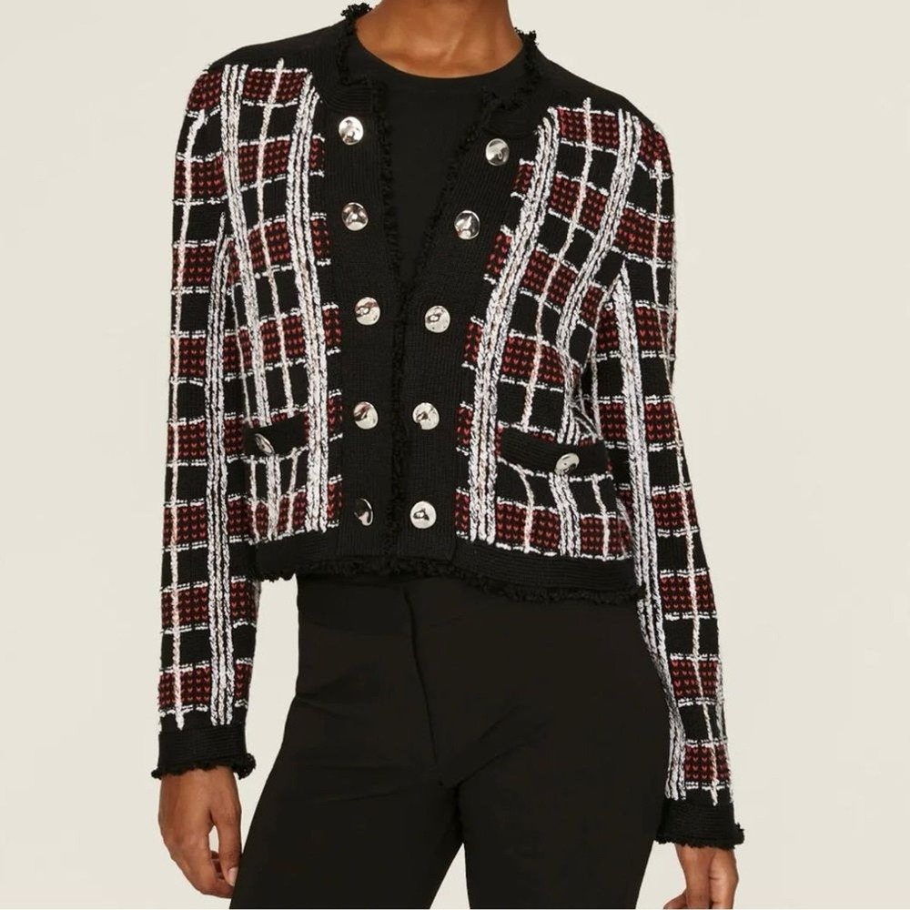 Milly Black Tweed Cardigan Red White Plaid Silver Buttons‎ Size Medium